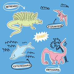 Dino characters ichtionosaurus, anatosaurus, pteranodon vector set. Dinosaurus illustrations with inscriptions isolated on background.  Illustration elements for kids, girls, boys, fashion clothes	 - 236496955