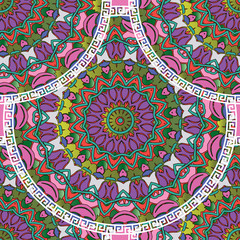 Colorful ethnic style abstract greek vector seamless pattern. Elegance ornamental modern mandalas background. Geometric repeat decorative backdrop. Round patterned lace greek key meanders mandalas