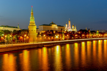 View of Kremlin and Moscow River at night in Moscow, Russia.