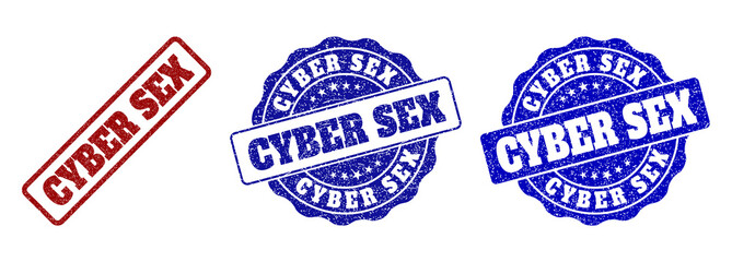 CYBER SEX scratched stamp seals in red and blue colors. Vector CYBER SEX signs with draft surface. Graphic elements are rounded rectangles, rosettes, circles and text tags.