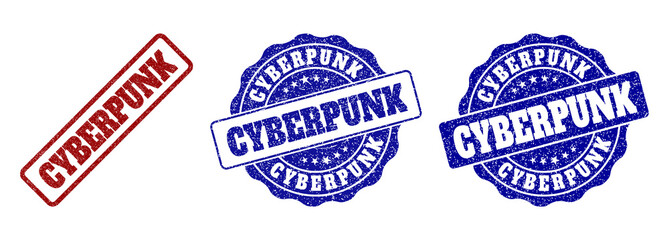 Obraz premium CYBERPUNK scratched stamp seals in red and blue colors. Vector CYBERPUNK labels with dirty texture. Graphic elements are rounded rectangles, rosettes, circles and text titles.