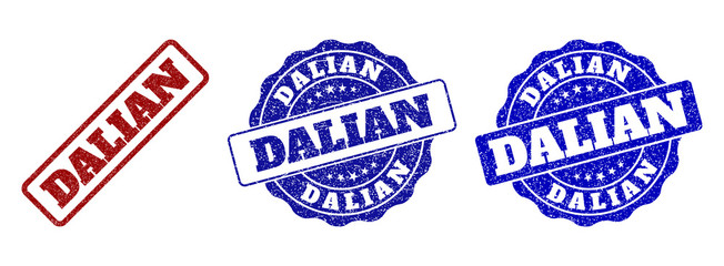 DALIAN scratched stamp seals in red and blue colors. Vector DALIAN overlays with grainy texture. Graphic elements are rounded rectangles, rosettes, circles and text titles.