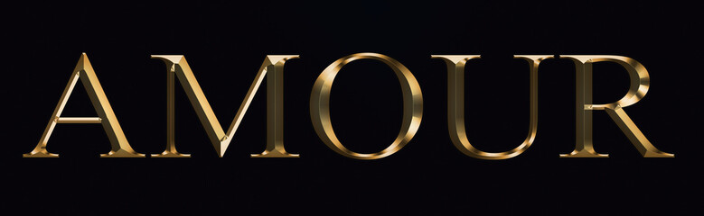Amor text made from in gold on black background. Shiny festive party Gold font.
