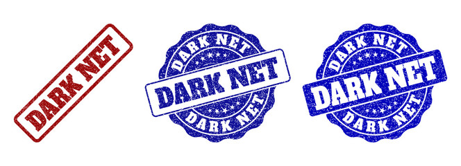 DARK NET scratched stamp seals in red and blue colors. Vector DARK NET labels with grunge surface. Graphic elements are rounded rectangles, rosettes, circles and text labels.