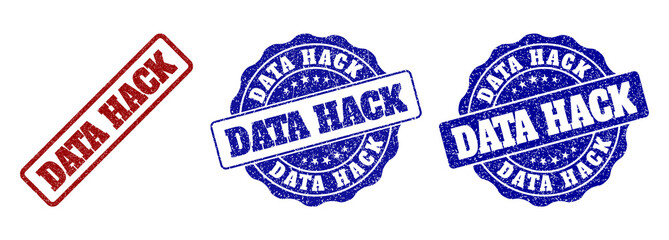 Fototapeta premium DATA HACK scratched stamp seals in red and blue colors. Vector DATA HACK overlays with grainy surface. Graphic elements are rounded rectangles, rosettes, circles and text tags.