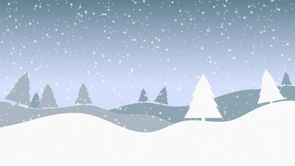 Snow winter sky background with hills, mountains, trees and snowfall. Vector illustration.