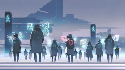 Rolgordijnen futuristisch concept dat menigte mensen laat zien die op straat in de stad lopen, digitale kunststijl, illustratie, schilderkunst © grandfailure