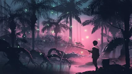 Fototapeten boy fishing on the swamp in tropical forest with glowing butterflies, digital art style, illustration painting © grandfailure