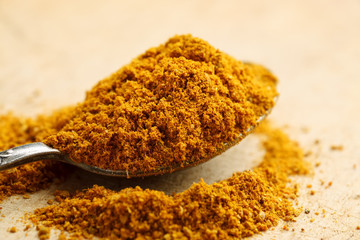 Powdered turmeric in metal spoon on a wooden table closeup