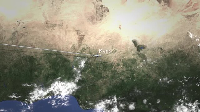 Commercial airplane flying to Kano, Nigeria. Intro 3D animation 