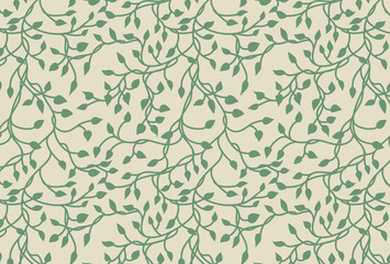 vines and ivy background with climbing leaves in green on a pastel yellow background in a pretty charming random pattern design, hand drawn spring floral wallpaper © Arlenta Apostrophe