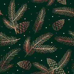 Luxury Christmas seamless pattern with fir branches,  pine cones  and snowflakes. Winter background