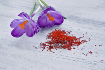 Crocus flowers with saffron spices  on wooden background 