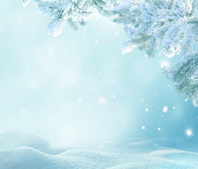 .Winter Christmas background with fir tree branch .Merry christmas and happy new year greeting card with copy-space.Christmas background.Winter landscape with snow 