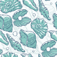 Vector seamless pattern sea shells and pearls different shapes. Clamshells monochrome turquoise outline sketch illustration isolated on white background for design on marine theme.