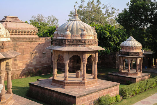 Temples of Mandore Garden. Mandore Garden is built around the royal cenotaphs (Chhatris) of the Rathore rulers in the 6th century. Mandore is located 9 km north of Jodhpur, Rajasthan.