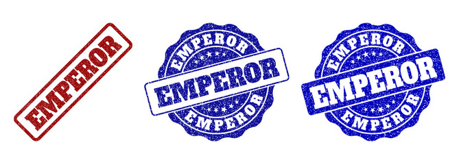 Fototapeta premium EMPEROR scratched stamp seals in red and blue colors. Vector EMPEROR watermarks with dirty style. Graphic elements are rounded rectangles, rosettes, circles and text tags.