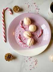 White Chocolate French Macarons with Candy Cane