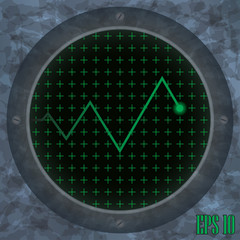 Oscilloscope screen with green zig-zag trace. Vector illustration