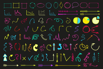 Colored infographic elements on isolated black background. Hand drawn simple arrows. Line art. Set of different pointers. Abstract indicators. Doodles for work. Art creation