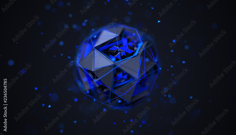 Wall mural abstract 3d rendering of polygonal sphere. geometric shape, futuristic modern background design