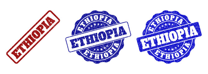 ETHIOPIA grunge stamp seals in red and blue colors. Vector ETHIOPIA overlays with grunge style. Graphic elements are rounded rectangles, rosettes, circles and text titles. - obrazy, fototapety, plakaty