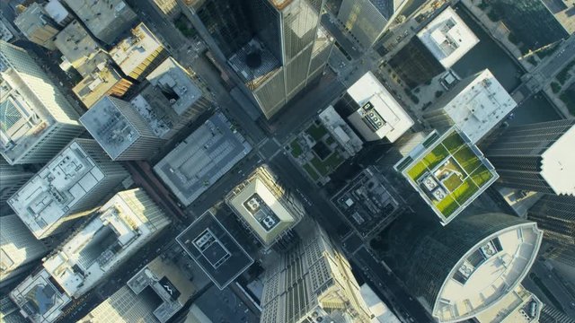 Aerial vertical overhead rooftop view of Willis Tower Metropolitan Chicago city Skyscraper buildings Downtown Financial District USA Illinois 