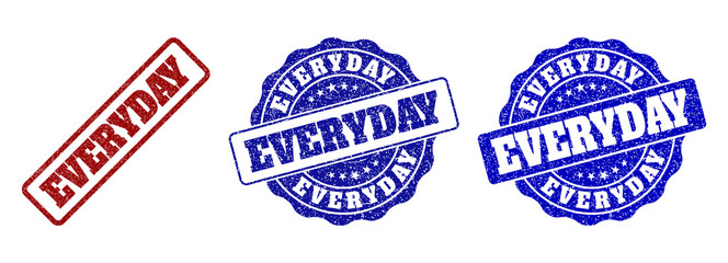 EVERYDAY grunge stamp seals in red and blue colors. Vector EVERYDAY labels with grunge surface. Graphic elements are rounded rectangles, rosettes, circles and text tags.