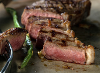 Variety of Raw Black Angus Prime meat steaks Machete, Blade on bone, Striploin, Rib eye, Tenderloin...