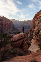 Adventurous Girl at the edge of a cliff is looking at a beautiful landscape view in the Canyon during a vibrant sunset. Taken in Zion National Park, Utah, United States.