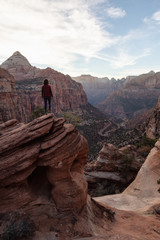 Adventurous Girl at the edge of a cliff is looking at a beautiful landscape view in the Canyon during a vibrant sunset. Taken in Zion National Park, Utah, United States.