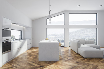 White kitchen and living room interior