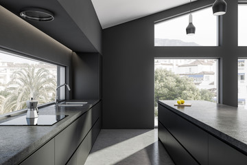 Gray kitchen countertops and island