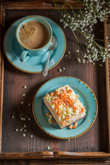 Top view of sweet meringue served in blue porcelain