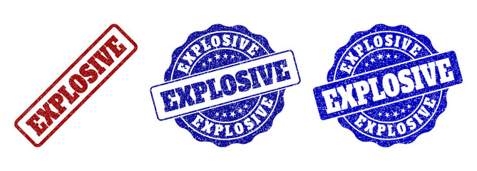 EXPLOSIVE grunge stamp seals in red and blue colors. Vector EXPLOSIVE imprints with grunge texture. Graphic elements are rounded rectangles, rosettes, circles and text captions.