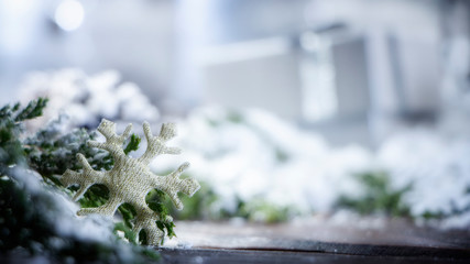 New Year's background with gifts, conifer branches.