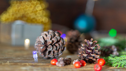 New Year's background with gifts, conifer branches.