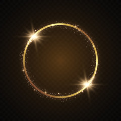 Abstract magical glowing golden banner.Magic circle. Merry Christmas. Round gold shiny frame with light bursts. Gold dust on celebratory banner