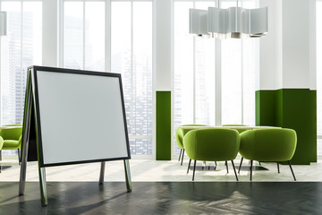 Green cafe interior with square poster