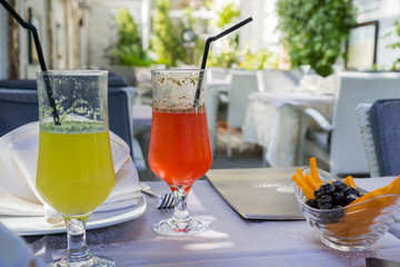 Colorful non alcoholic drinks on a summer day
