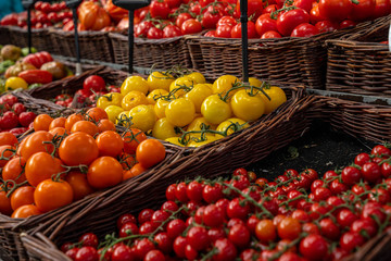 fresh juicy tomatoes on the counter in the biomarket