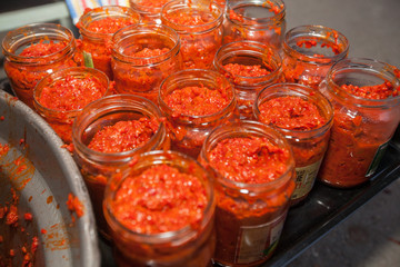 Fototapeta na wymiar Homemade winter food called ajvar made from roasted red peppers