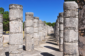 The columns in the Thousand Warriors Temple complex inside the maya archeological site of Chichen...