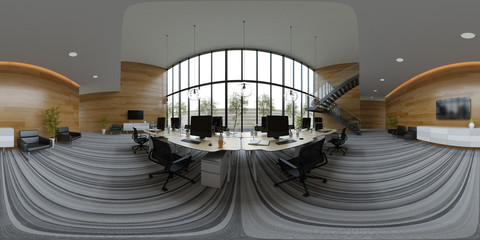 Spherical 360 panorama projection Interior open space office 3D illustration - obrazy, fototapety, plakaty