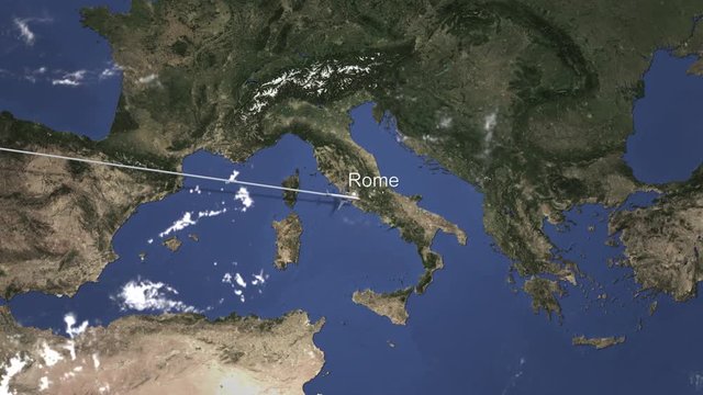 Commercial airplane flying to Rome, Italy. Intro 3D animation 