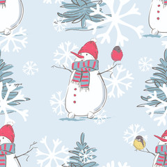 Christmas seamless pattern with snowman,birds, fir trees and snowflakes. Winter greetings, Christmas and New Year greeting cards.