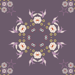 Pretty folk art style birds and flowers in a mandala style design. Seamless vector pattern with muted purple background. Great for weddings, announcements, birthdays, cards, textiles and fashion.