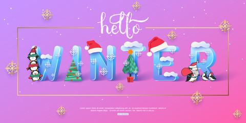 Hello Winter vector banner template with 3d ice letters and Santa Claus.