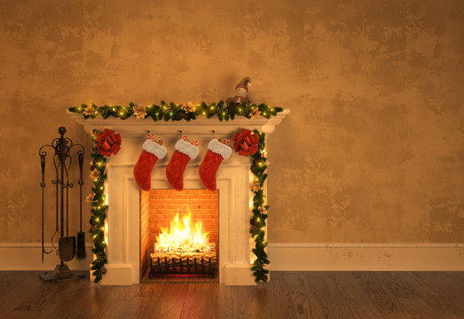 Fireplace with christmas decoration 3D rendering