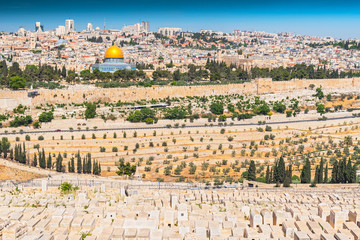 View to Jerusalem old city temple mount and the ancient Jewish cemetery in Olive mountain, Israel.